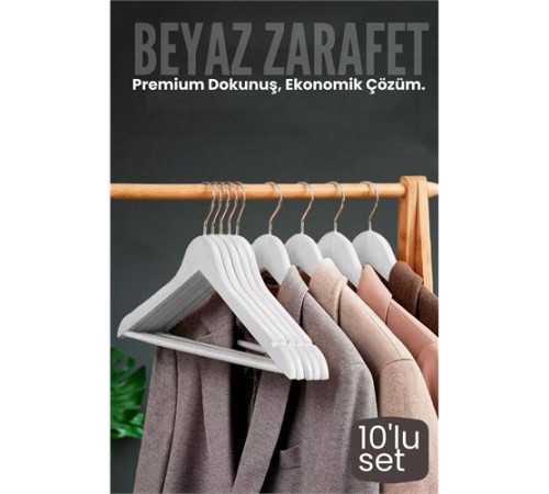 10'lu Lüks Beyaz Elbise Ceket Askısı - Ergonomik & Kaymaz Plastik Askı Seti -  Ahşap Görünümlü