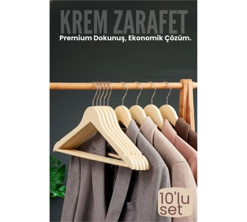 10'lu Lüks Krem Elbise Ceket Askısı - Ergonomik & Kaymaz Plastik Askı Seti -  Ahşap Görünümlü