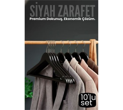 10'lu Lüks Siyah Elbise Ceket Askısı - Ergonomik & Kaymaz Plastik Askı Seti -  Ahşap Görünümlü