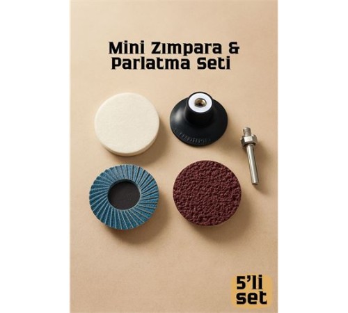 Profesyonel 50mm Mini Zımpara & Parlatma Seti: Keçe, Flap Disk, Kauçuk Tutucu & Şaft - 4 Parça