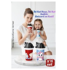 Çocuk Pipetli Bardak Seti 2'li Unicorn & Kedi Figürlü İkili Eğlenceli Kapaklı Suluk Matara 300 ml
