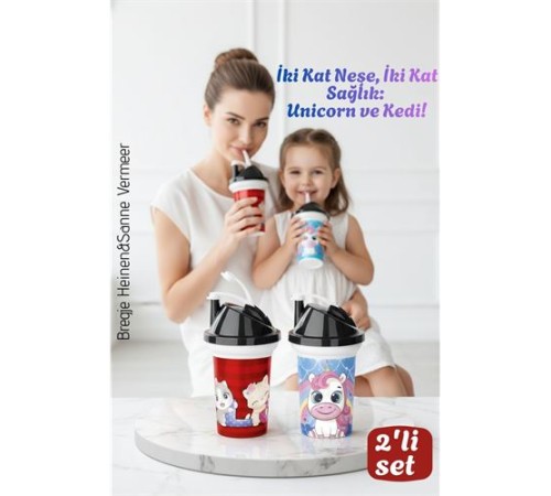 Çocuk Pipetli Bardak Seti 2'li Unicorn & Kedi Figürlü İkili Eğlenceli Kapaklı Suluk Matara 300 ml