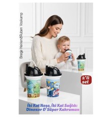 Çocuk Pipetli Bardak Seti 2'li Dinozor & Süper Kahraman İkili Eğlenceli Kapaklı Suluk Matara 300 ml