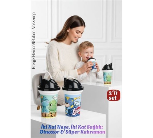 Çocuk Pipetli Bardak Seti 2'li Dinozor & Süper Kahraman İkili Eğlenceli Kapaklı Suluk Matara 300 ml