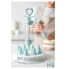 Profesyonel 8'li Başlıklı Pasta Krema Süsleme Pompası Seti Enjektör Uçlu