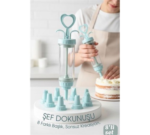Profesyonel 8'li Başlıklı Pasta Krema Süsleme Pompası Seti Enjektör Uçlu