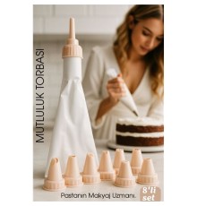 Profesyonel 8'li Krema Sıkma Torbası Seti | Pastacılık Dekorasyon Uçları ve Fırfır Başlıkları