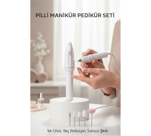 Profesyonel 5 Başlıklı Pilli Manikür Pedikür Seti - Güçlü Motorlu Tırnak Törpü ve Parlatıcı Bakım Kiti