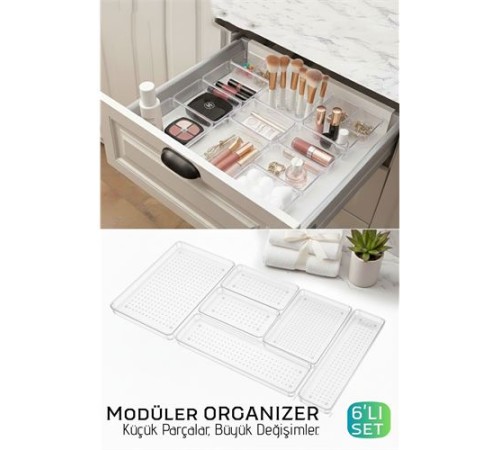 6 Parça Modüler Kristal Çekmece Düzenleyici Seti - Lüks Makyaj, Takı ve Ofis Organizeri