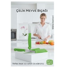 6'lı Premium Paslanmaz Çelik Meyve Bıçağı Seti - Yeşil Saplı Keskin Soyma Bıçağı Takımı