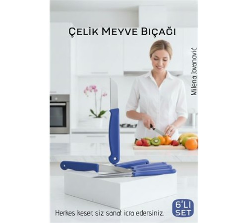 6'lı Premium Paslanmaz Çelik Meyve Bıçağı Seti - Mavi Saplı Keskin Soyma Bıçağı Takımı