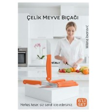 6'lı Premium Paslanmaz Çelik Meyve Bıçağı Seti - Turuncu Saplı Keskin Soyma Bıçağı Takımı
