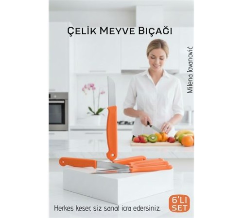 6'lı Premium Paslanmaz Çelik Meyve Bıçağı Seti - Turuncu Saplı Keskin Soyma Bıçağı Takımı