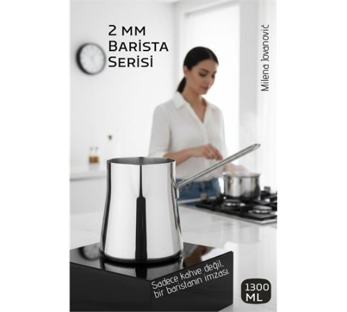 Premium 304 Paslanmaz Çelik Cezve  1300 ml Profesyonel Barista Serisi, Isıya Dayanıklı Sap