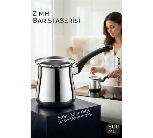 Premium 304 Paslanmaz Çelik Cezve 500 ml Profesyonel Barista Serisi, Isıya Dayanıklı Sap