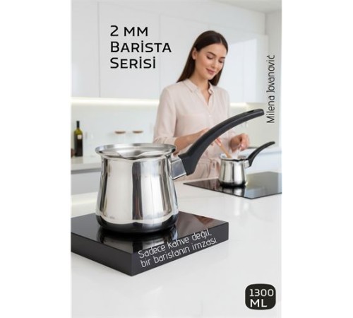 Premium 304 Paslanmaz Çelik Cezve 1290 ml Profesyonel Barista Serisi, Isıya Dayanıklı Sap