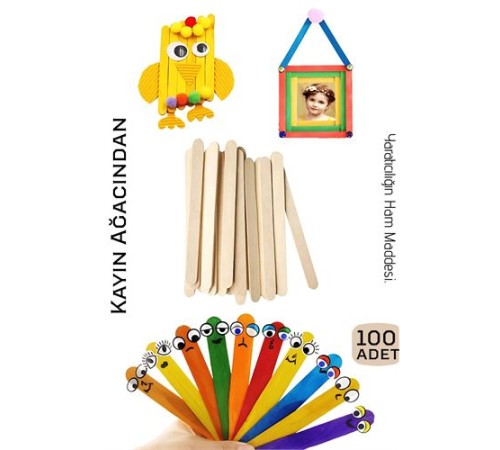 Steril Ahşap Boyanabilir Oyun Çubukları 100 Adet  Pürüzsüz Dokulu  Dayanıklı 9 cm