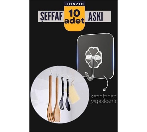 10'lu Şeffaf Kendinden Yapışkanlı Güçlü Askı Kancası, Banyo Mutfak Organizer, İz Bırakmaz Pratik Askı