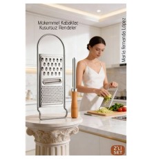 Paslanmaz Çelik El Rendesi ve Ahşap Saplı Kabak Oyacağı - 2'li Profesyonel Mutfak Hazırlık Seti