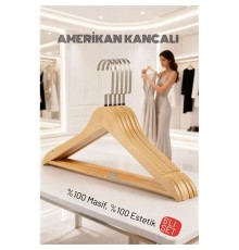 LasVegas Ahşap Elbise Askısı - 6'lı Set, Lüks Amerikan Kancalı Gardırop Düzenleyici