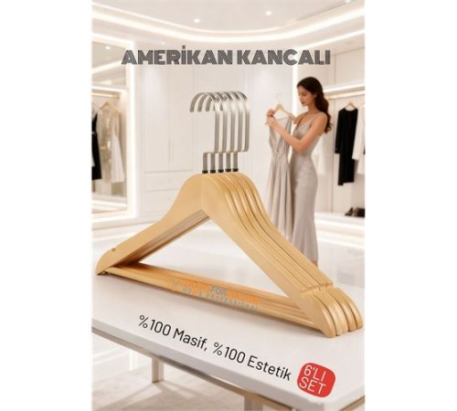 LasVegas Ahşap Elbise Askısı - 6'lı Set, Lüks Amerikan Kancalı Gardırop Düzenleyici