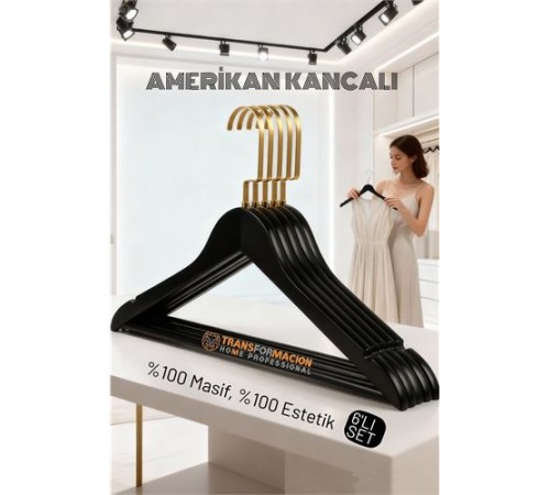 LasVegas Ahşap Elbise Askısı - 6'lı Set, Lüks Amerikan Kancalı Gardırop Düzenleyici