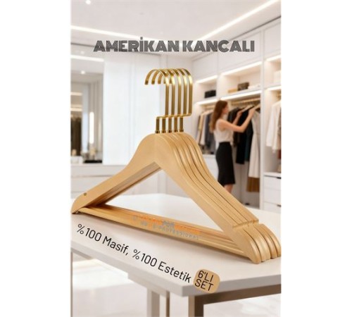 LasVegas Ahşap Elbise Askısı - 6'lı Set, Lüks Amerikan Kancalı Gardırop Düzenleyici