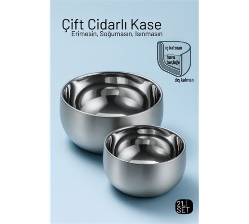 Çift Cidarlı Isı Yalıtımlı 2’li Lüks Kase Seti (16cm & 18cm) Premium 304 Paslanmaz Çelik