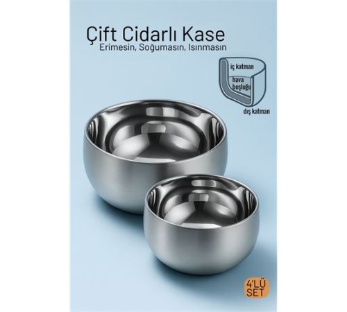 Çift Cidarlı Isı Yalıtımlı 4'lü Lüks Kase Seti (16cm & 18cm) Premium 304 Paslanmaz Çelik