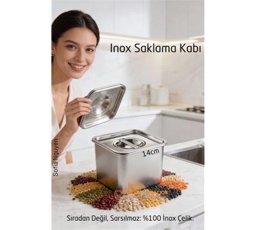 Premium Inox Saklama Kabı - Hava Sızdırmaz Mutfak Düzenleyici 14x11 cm 304 Paslanmaz Çelik