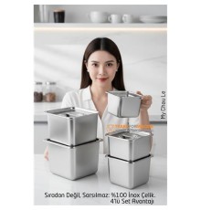 4'lü Inox Saklama Kabı - Hava Sızdırmaz Mutfak Düzenleyici 304 Paslanmaz Çelik
