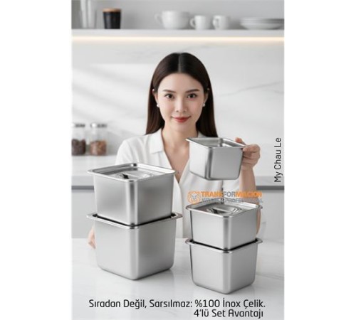 4'lü Inox Saklama Kabı - Hava Sızdırmaz Mutfak Düzenleyici 304 Paslanmaz Çelik