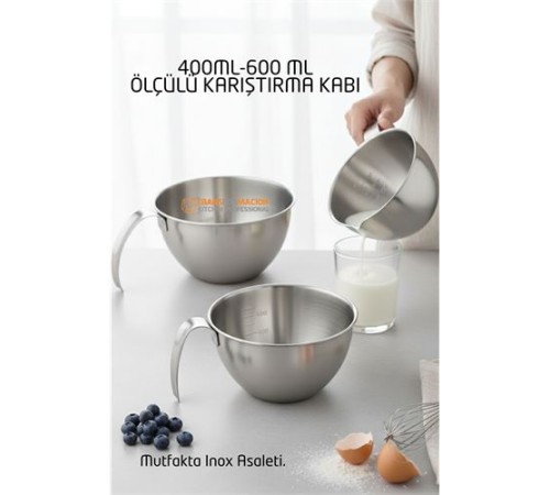 Inox Çelik Profesyonel Ölçülü Karıştırma Kabı Seti -400-600 ml Sos & Hazırlık Şefi Serisi