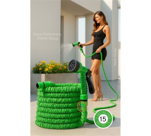 15 Metre Premium Uzayabilen Bahçe Hortumu - 7 Fonksiyonlu Başlık ve Esnek Tasarım