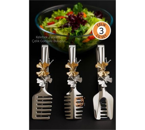 Kelebek Figürlü 3’lü Paslanmaz Çelik Servis Maşası Seti - Salata, Pasta ve Izgara Maşası