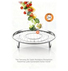 Inox Çelik Ayaklı Buharlı Pişirme Aparatı - 24 cm Çok Amaçlı Tencere İçi Haşlama Standı