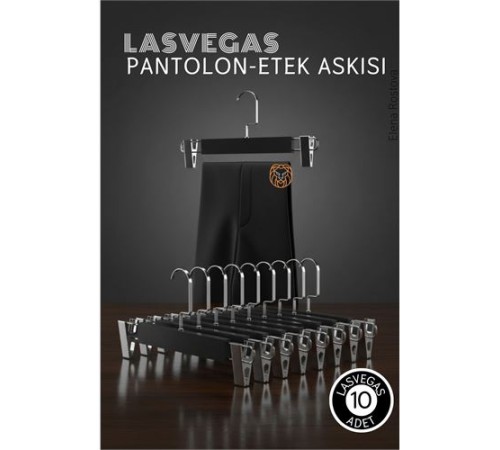 LasVegas  Siyah Ahşap Pantolon ve Etek Askı Seti 10'lu Set, Lüks Amerikan Kancalı