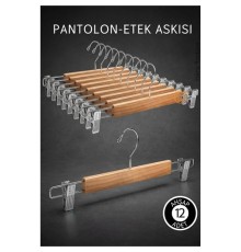 12 Adet Ahşap Pantolon Etek Askısı - Ayarlanabilir Gümüş Mandallı 36cm Organizer Set