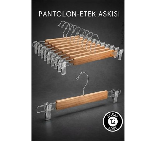 12 Adet Ahşap Pantolon Etek Askısı - Ayarlanabilir Gümüş Mandallı 36cm Organizer Set