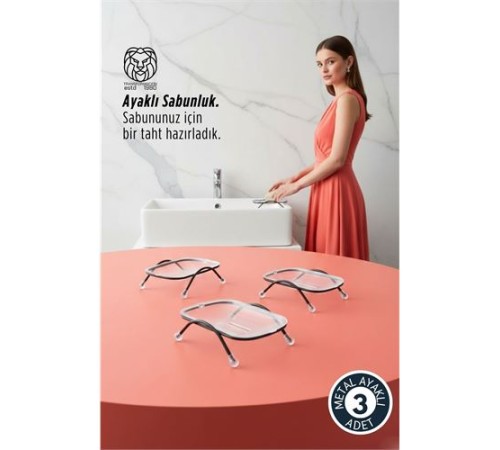 3 lü Ayaklı Sabunluk – Su Giderli, Şeffaf Tasarım, 12 x 9 cm, Tezgah Üstü Kullanım