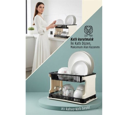 2 Katlı Rattan Dokulu Lüks Bulaşıklık - Kirli Beyaz & Acı Kahve Modern Düzenleyici