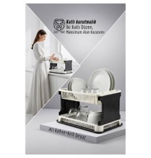 2 Katlı Rattan Dokulu Lüks Bulaşıklık - Kirli Beyaz & Acı Kahve Modern Düzenleyici