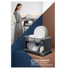 2 Katlı Rattan Dokulu Lüks Bulaşıklık - Kirli Beyaz & Siyah Modern Düzenleyici