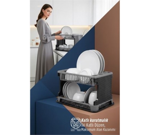 2 Katlı Rattan Dokulu Lüks Bulaşıklık - Kirli Beyaz & Siyah Modern Düzenleyici