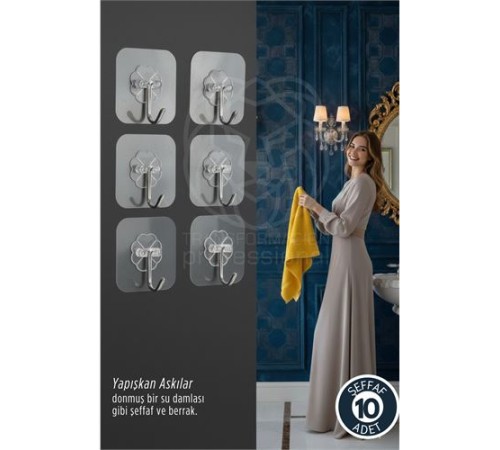 10'lu Şeffaf Yapışkanlı Askı, Mutfak Banyo Duvar Askısı, Çivisiz Pratik Kanca Seti