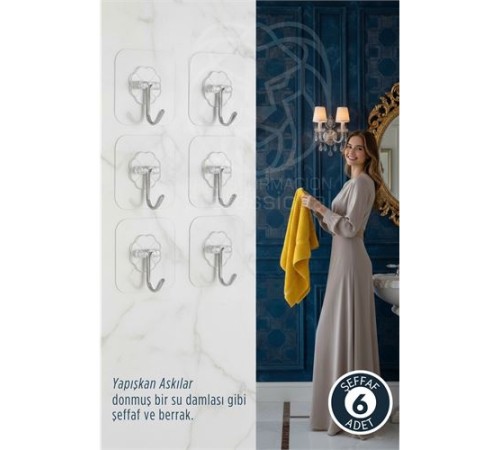 6 lı Şeffaf Yapışkanlı Askı, Mutfak Banyo Duvar Askısı, Çivisiz Pratik Kanca Seti