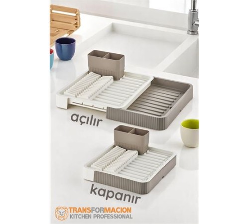 Açılır-Kapanır Bulaşıklık - Bulaşık Durulama Sepeti Tabaklık Bulaşık Kurutmalık LATTE