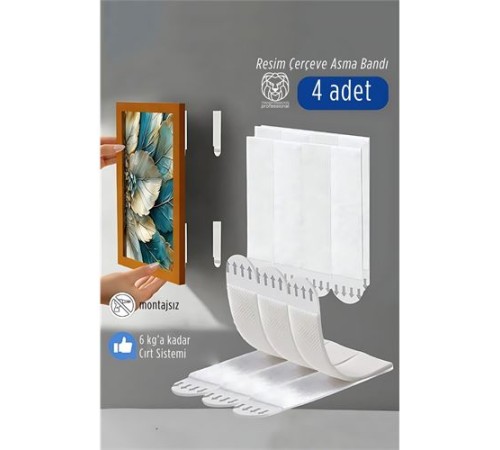 Güçlü Resim Çerçeve Asma Bandı 4'lü Set - 6Kg Taşıma Kapasiteli Duvar Delmeyen Cırt Sistemi