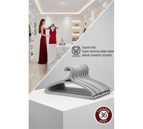 Giulia Vieri Selection: 36'li Premium İtalyan Tasarım İnce Siluet Kaymaz Elbise Askısı Seti GRİ