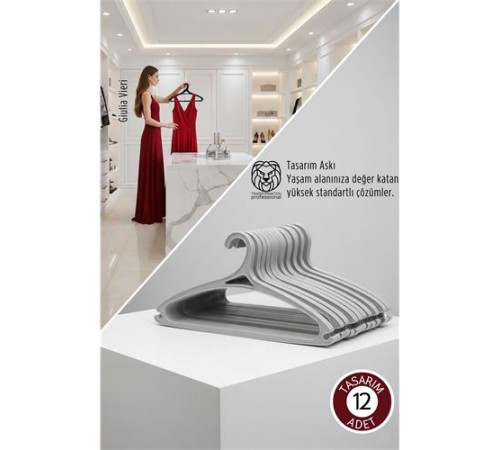 Giulia Vieri Selection: 12'li Premium İtalyan Tasarım İnce Siluet Kaymaz Elbise Askısı Seti GRİ